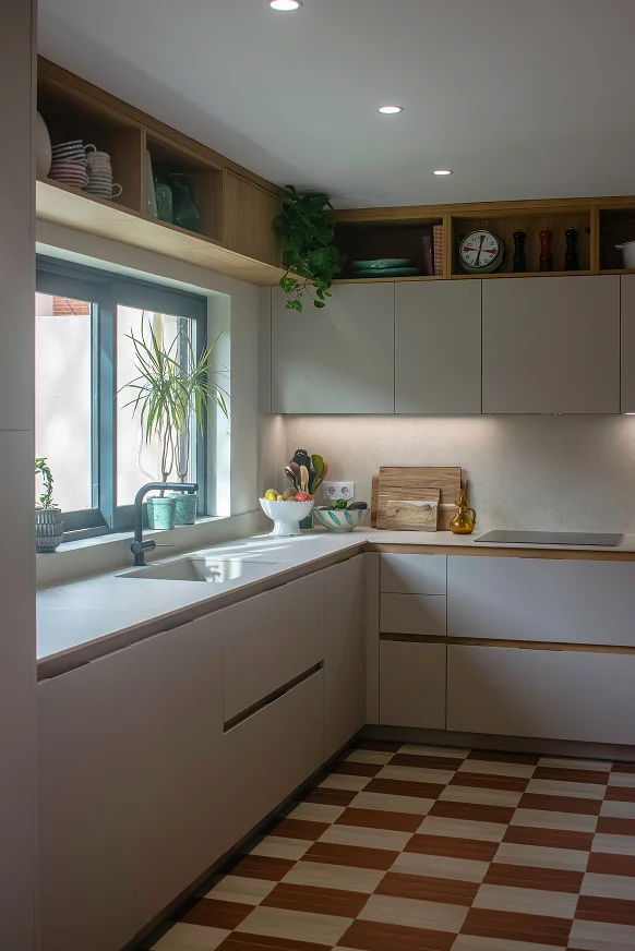 Sinpar Studio — Cocina luminosa con ventana y suelo ajedrez reforma chalet Pozuelo