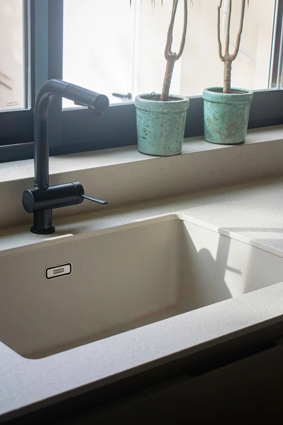 Sinpar Studio — Fregadero con grifo negro y plantas cocina reforma chalet Pozuelo